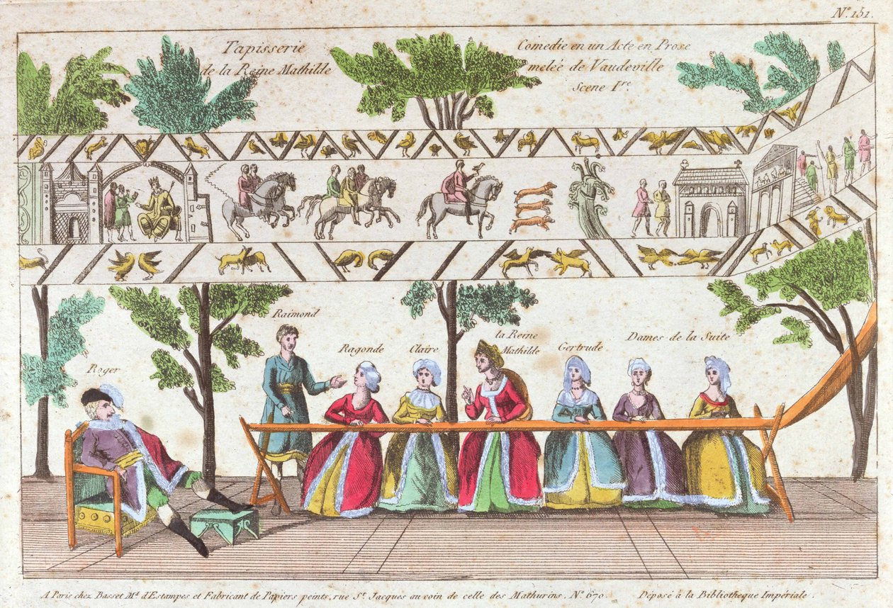 Königin Mathilda und ihre Dienerinnen weben den Teppich von Bayeux, Szene aus einer Vaudeville-Aufführung von French School
