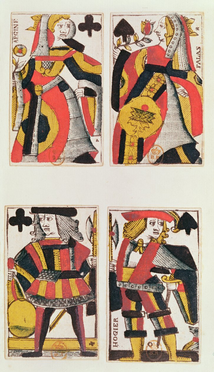 Königin und Bube spielen Karten (farbiger Holzstich) von French School