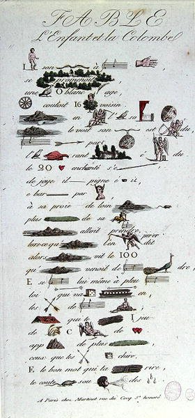 Rebus, der die Fabel vom Kind und der Taube darstellt, frühes 19. Jahrhundert von French School