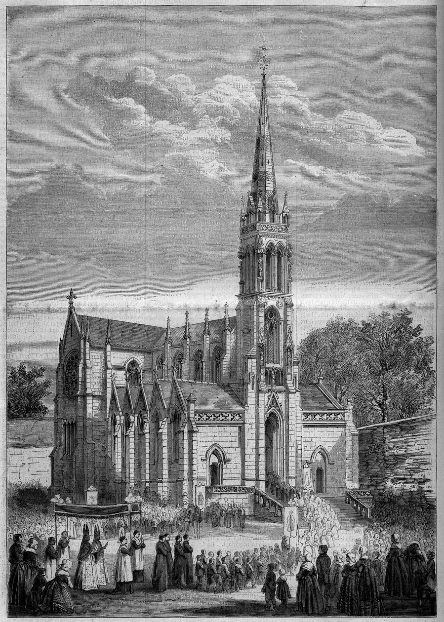 Religiöse Architektur: Gesamtansicht der Kirche von Monfort le Retrou (heute Montfort le Gesnois in der Sarthe (72), am Tag ihrer Einweihung 1858. Nach einer Skizze von Herrn Moulin. Gravur in „Le Monde Illustré“ Nr. 77 vom 2. Oktober 1858. von French School