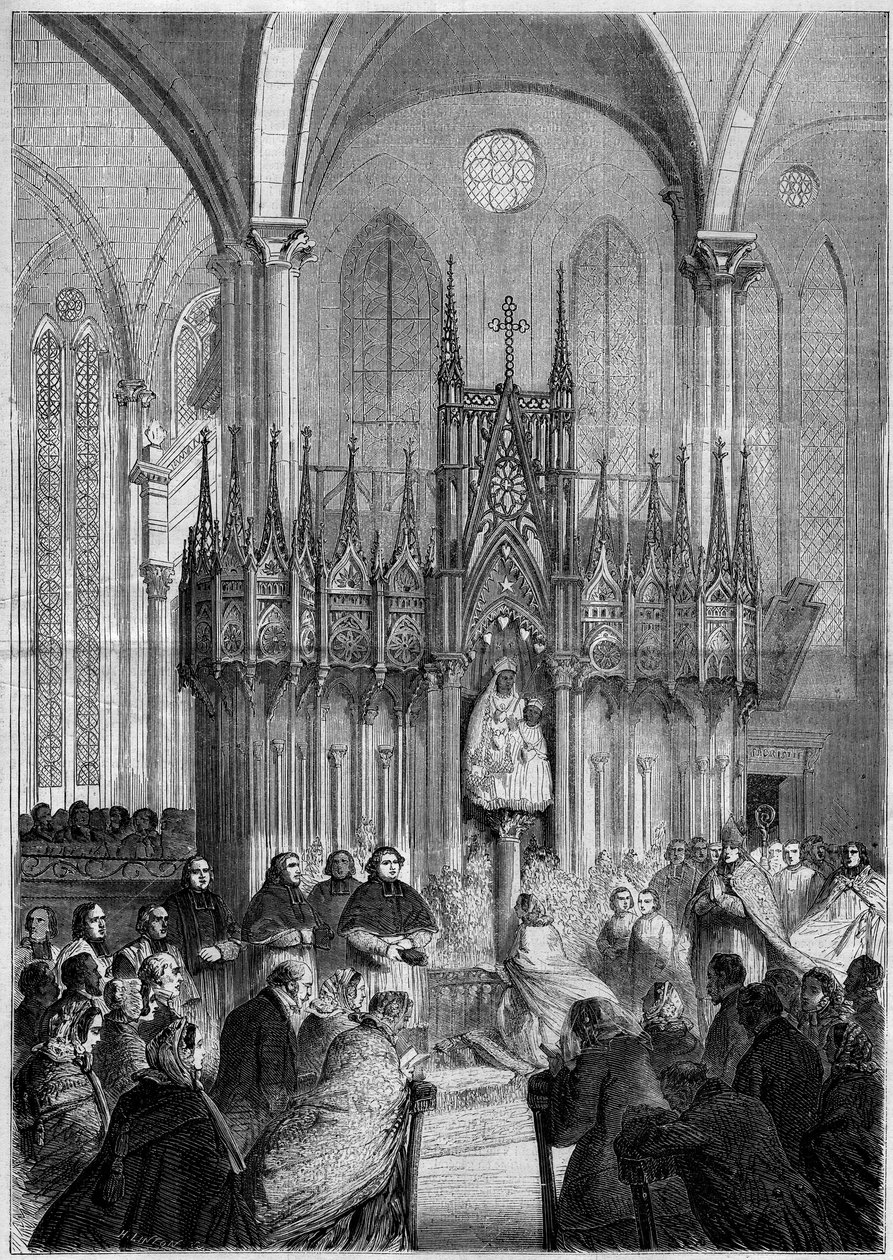 Religiöse Kunst: Statue von Notre Dame du Pilier oder "Virgo Noire" (um 1540) in der Kathedrale von Chartres (Eure et Loire, 28) im Jahr 1858. Gravur in "Le Monde Illustré" Nr. 89 vom 25. Dezember 1858. von French School