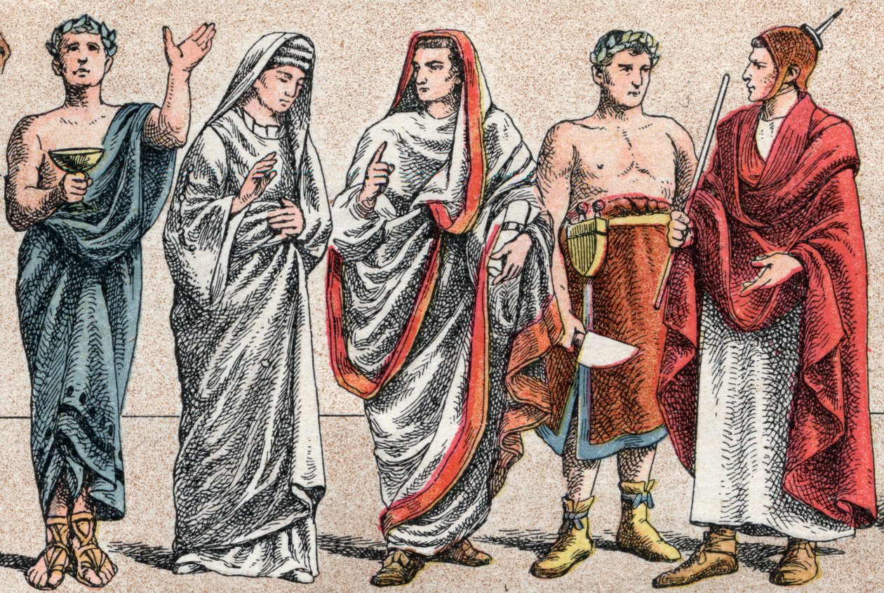 Religiöse Kostüme in der Antike: Porträt eines griechischen Priesters, Opferdiener, einer Vestalin, Priesterin des antiken Rom und eines Großen Pontifex im antiken Rom (Pontifex maximus), eines Popa und eines Flamino (Flamen) römischer Priester, der dem Ku von French School