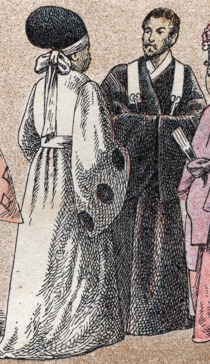 Religiöse Kostüme in Asien: Zwei Shinto-Priester aus Japan von French School