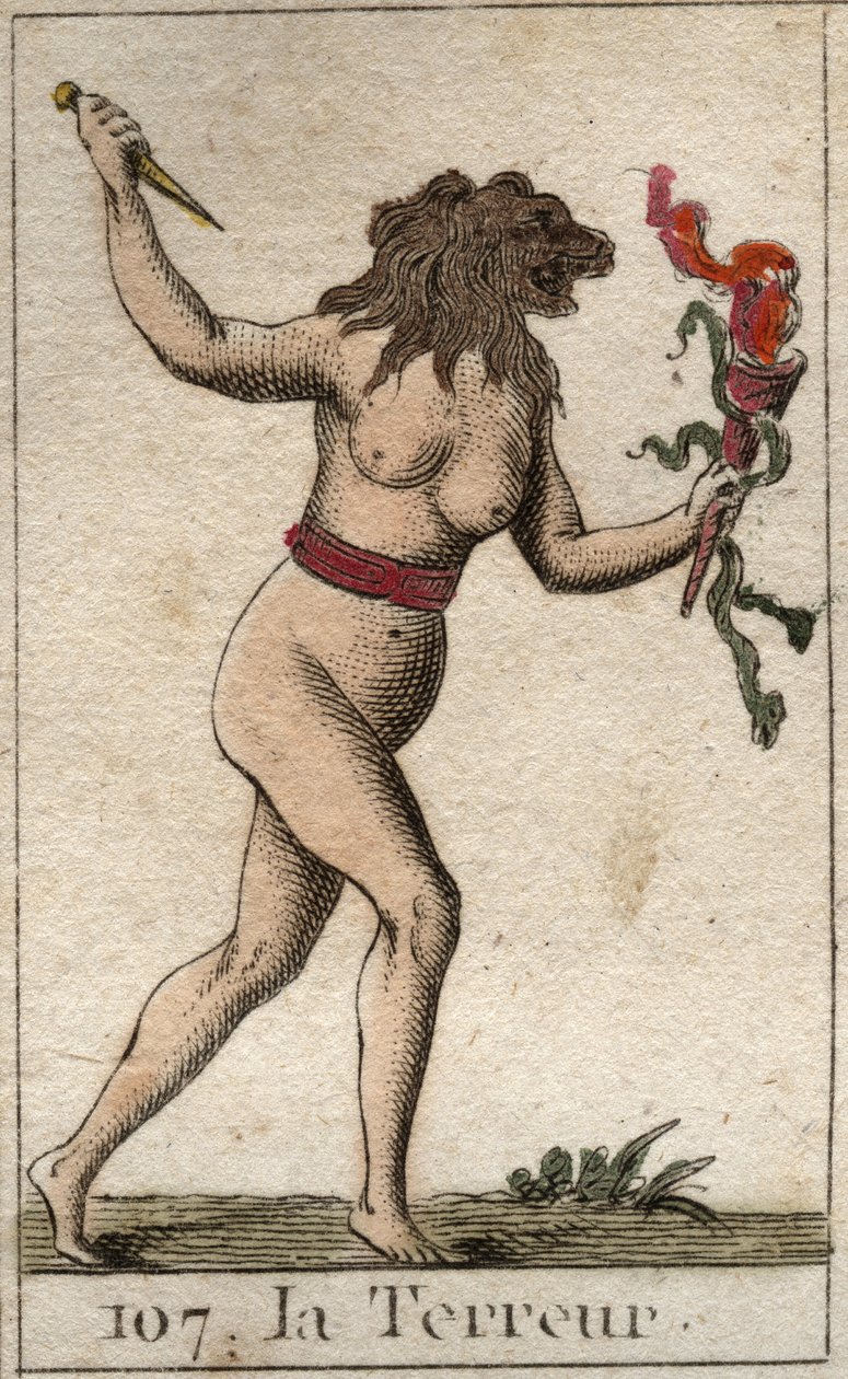 Darstellung des Schreckens als Frau mit einem Löwenkopf, die ein Messer und Schlangen hält. Aus „Mythologie der Jugend“ von Pierre Blanchard 1803 von French School