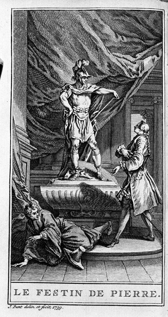 Darstellung einer Szene aus dem Stück "Dom Juan ou le festin de Pierre" (1665) von Jean Baptiste Poquelin dit Moliere (1622-1673). Gravur von 1739. von French School