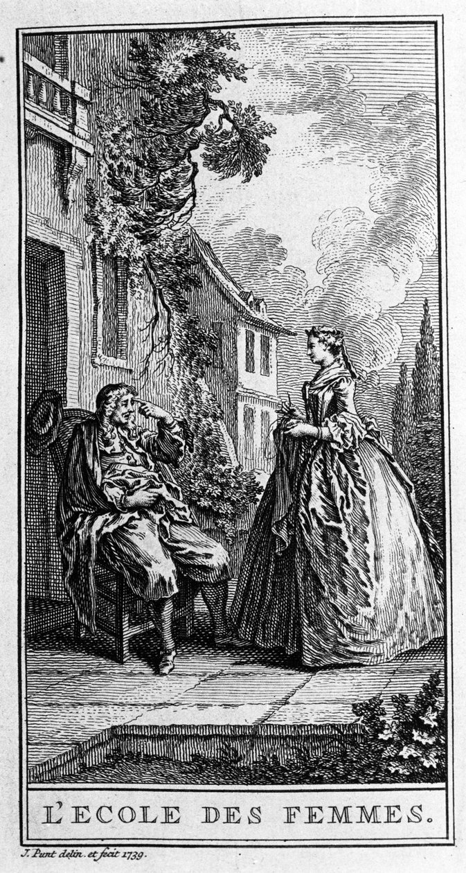 Darstellung einer Szene aus dem Stück "Die Schule der Frauen" (1662) von Jean Baptiste Poquelin dit Moliere (1622-1673). Gravur von 1739. von French School