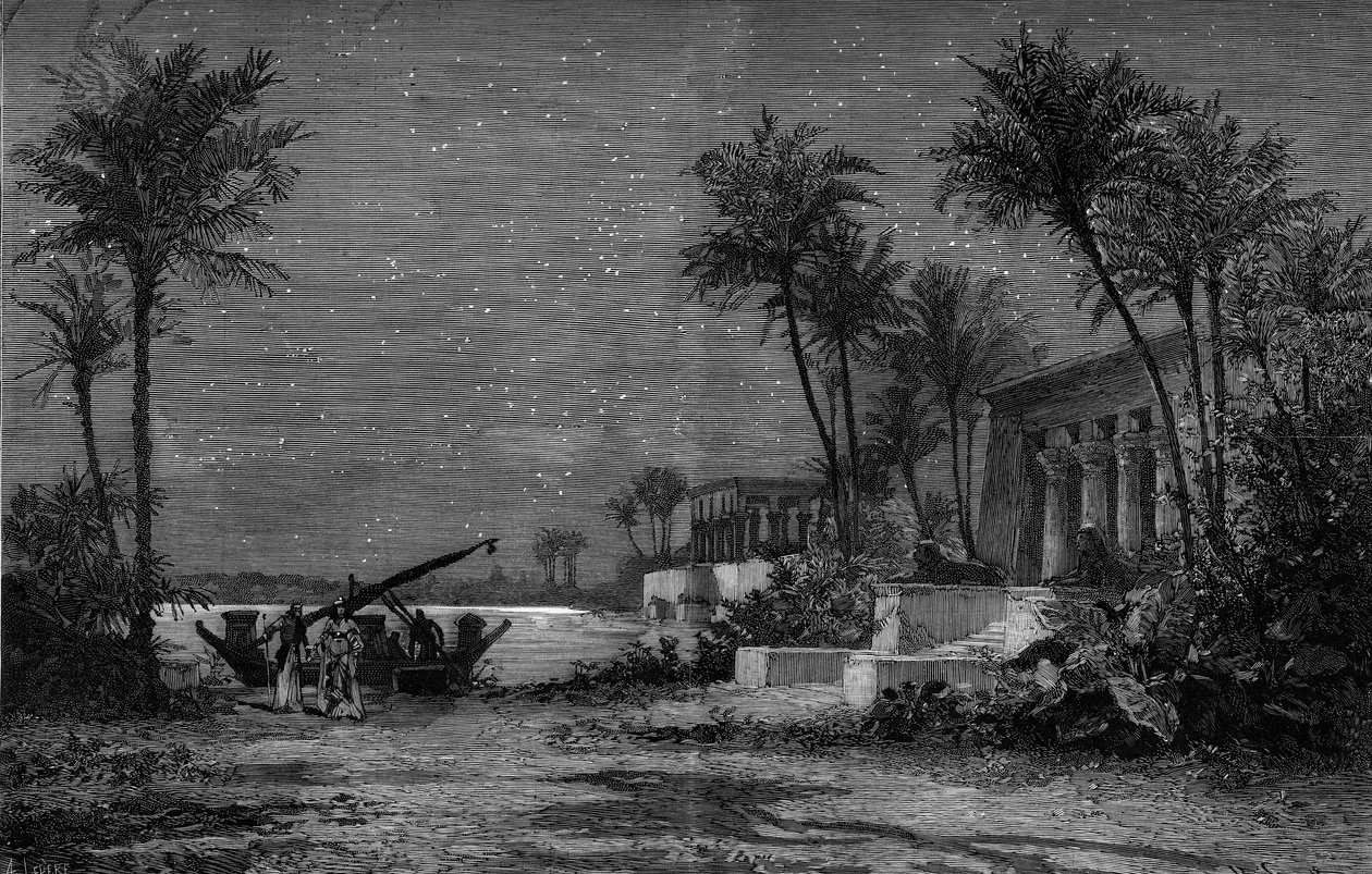 Aufführung einer Oper: „Aida“ von Giuseppe Verdi (1813-1901). Die Ufer des Nils (3. Akt). Dekor von Jean Louis Chéret (1820-1882). Gravur von Scott in „Le Monde Illustré“ Nr. 1201 vom 3. April von French School