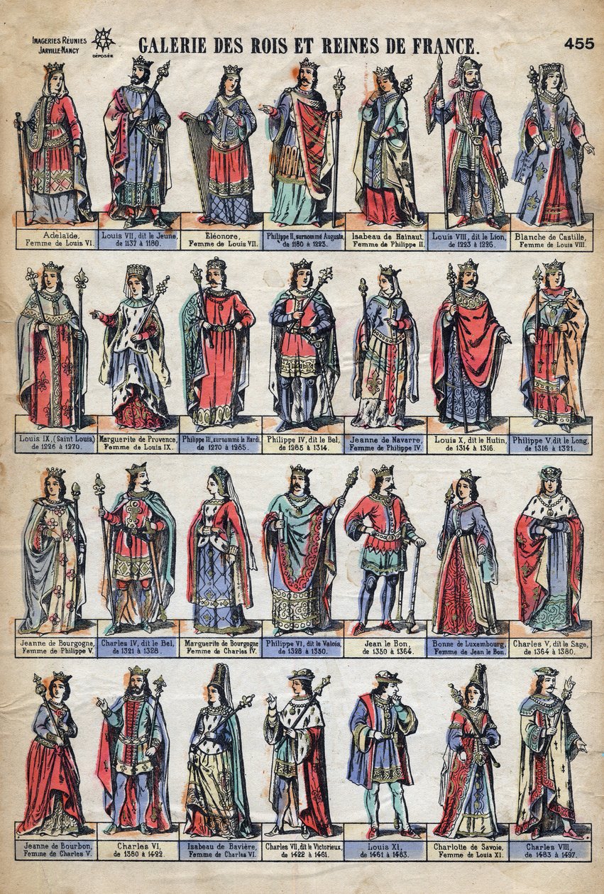Darstellung der Könige und Königinnen Frankreichs aus der Kapetinger-Dynastie (von Ludwig VII. bis Karl VIII.). Illustration Ende des 19. Jahrhunderts. von French School
