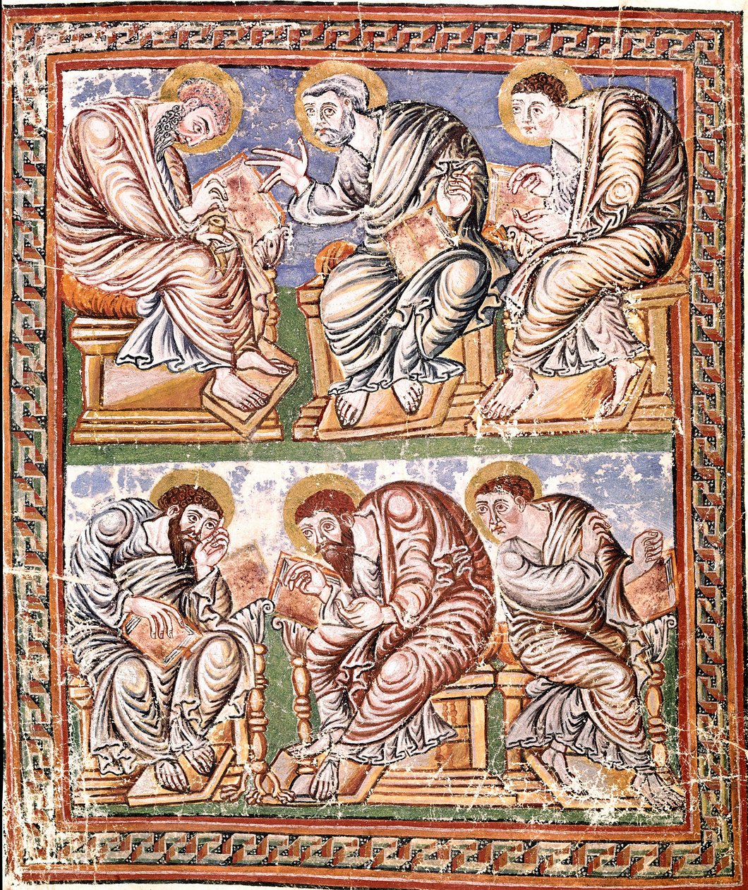 Darstellung von sechs Aposteln, karolingische Miniatur der Schule von Reims aus der Collectio Canon Hadriana (Ms A-5 f. 14 v) (wahrscheinliche Sammlung von Dekretalen, verfasst von Incmar von Reims) Ende des 9. Jahrhunderts. Biblioteca Vallicelliana, Rom von French School