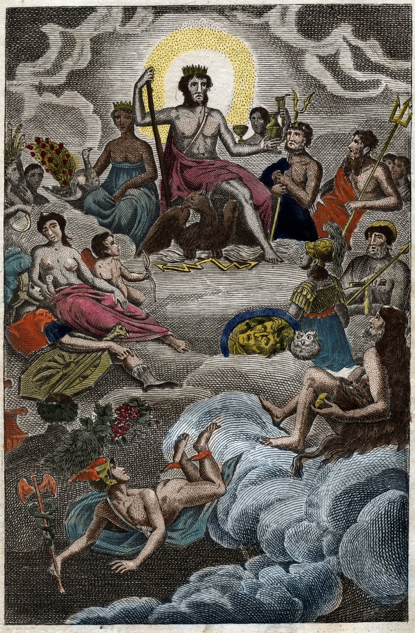 Darstellung der Versammlung der Götter auf dem Olymp oder der Zwölf Olympier. Aus „Mythologie der Jugend“ von Pierre Blanchard 1803. von French School