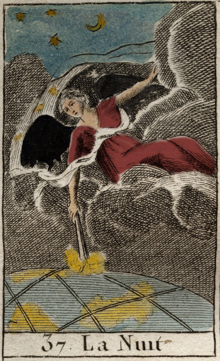 Darstellung der Nacht (Nyx), Göttin der Dunkelheit. Aus „Mythologie der Jugend“ von Pierre Blanchard 1803. von French School