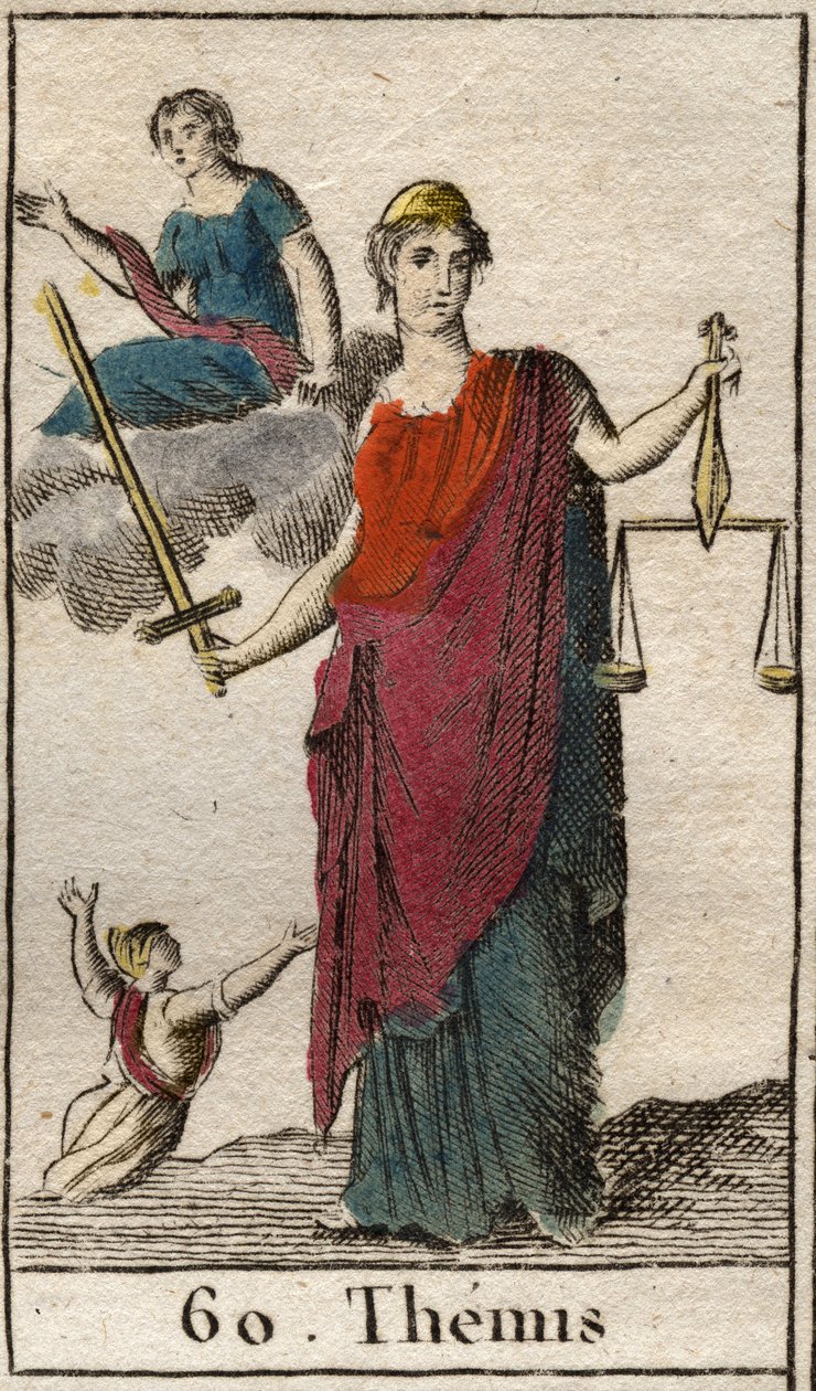 Darstellung der Göttin der Gerechtigkeit und des Gesetzes, Themis, sie hält eine Waage und ein Schwert. Aus „Mythologie der Jugend“ von Pierre Blanchard 1803. von French School
