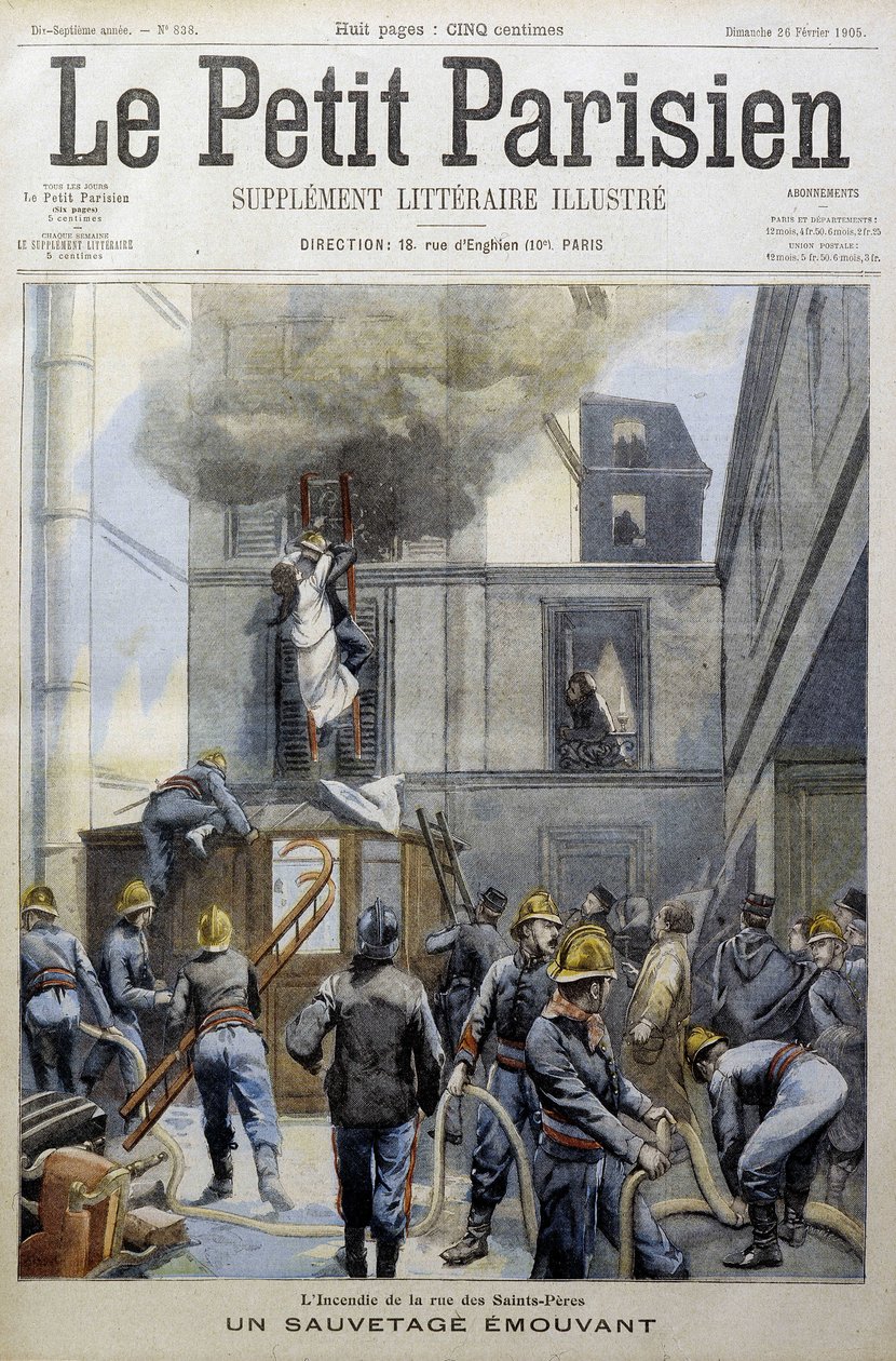 Rettung während eines Feuers durch die Feuerwehr: eine bewegende Rettung - in "Le petit Parisien" von French School