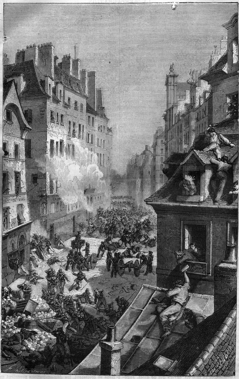Revolution von 1830: Kampf im Faubourg Saint Antoine. Gravur in „Geschichte der Päpste-Könige-Königinnen und Kaiser durch die Jahrhunderte“ von Maurice Lachatre von French School