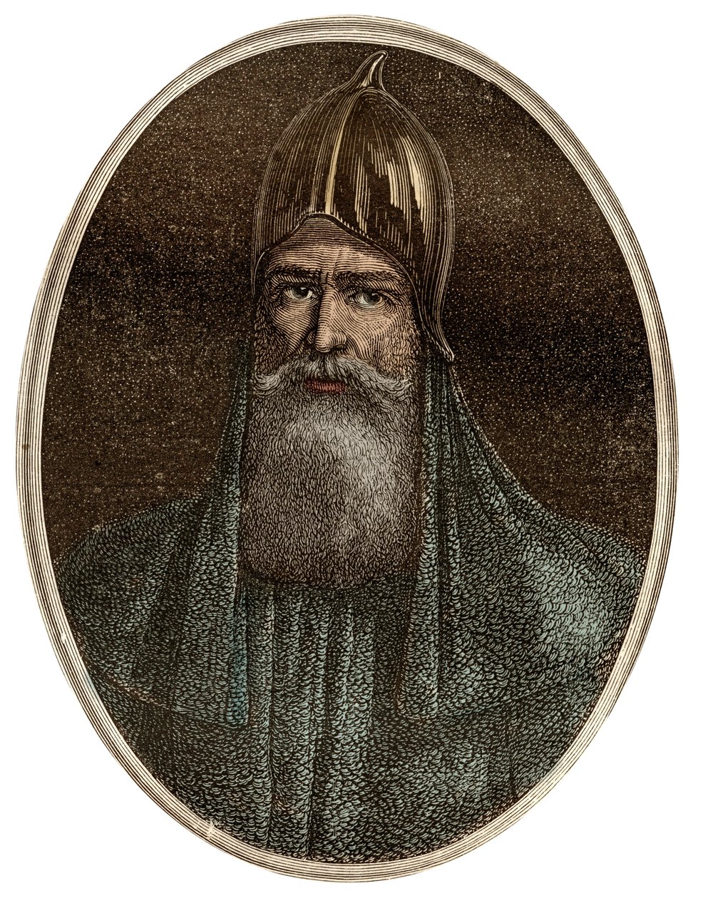 Riourik, warägischer Prinz des 9. Jahrhunderts - Porträt von Rurik, einem warägischen Häuptling und Gründer der Kiewer Rus - „New National Encyclopedia“ von Maurice La Charest - 1870. von French School