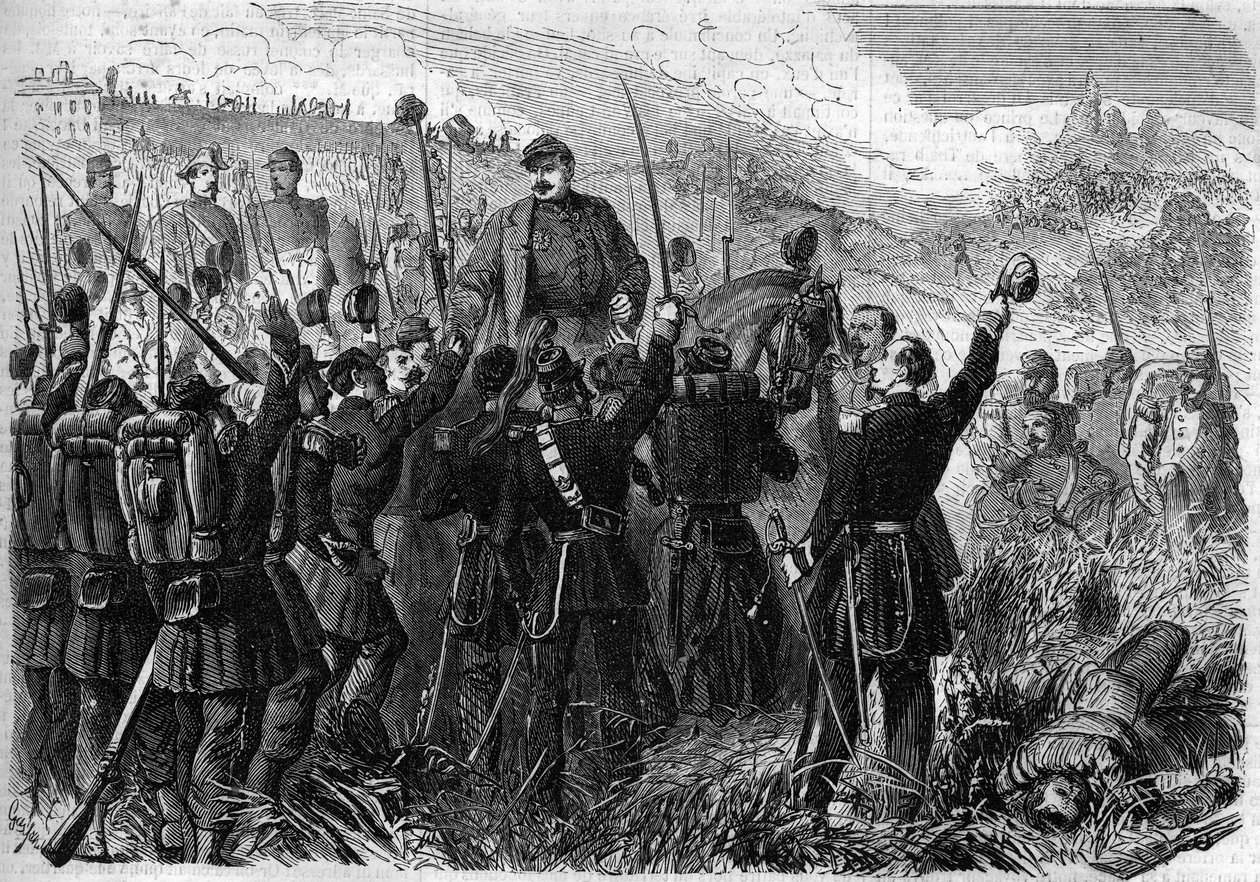 Risorgimento - Schlacht von Montebello della Battaglia (Italien), 21. Mai 1859: Der französische General Elie Frederic Forey (1804-1872), Kommandeur der italienischen Armee, wurde nach seinem Sieg über die österreichische Armee von seinen Soldaten gefeiert von French School