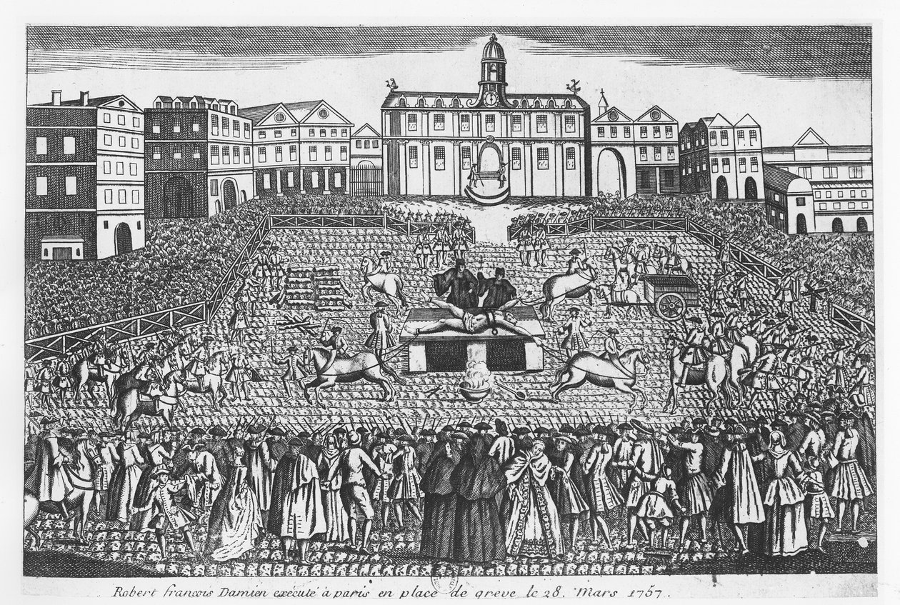 Robert-Francois Damiens auf der Place de Grève, Paris, 28. März 1757, hingerichtet von French School