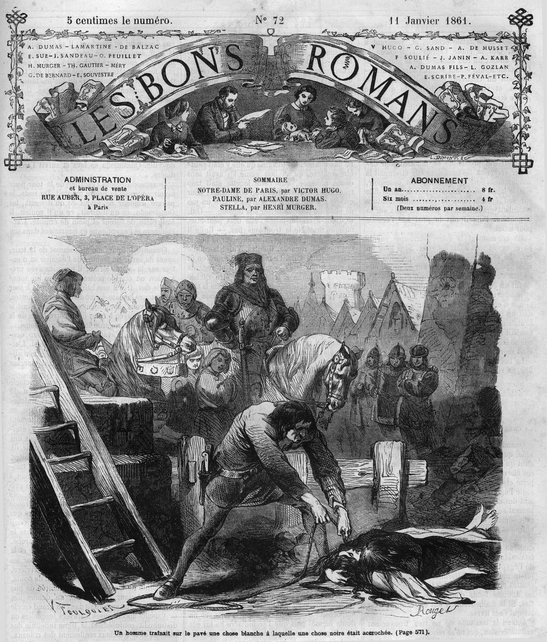Roman: „Notre Dame de Paris“ von Victor Hugo. Ein Mann zieht zwei Frauen über das Pflaster. Gravur in „Les bons romances“ von French School