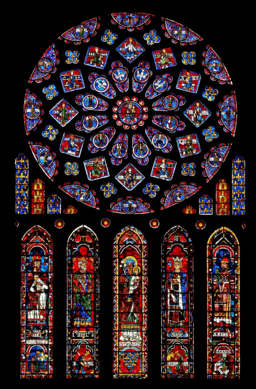 Rosettenfenster, das Könige und Propheten um die Jungfrau Maria und das Jesuskind darstellt von French School