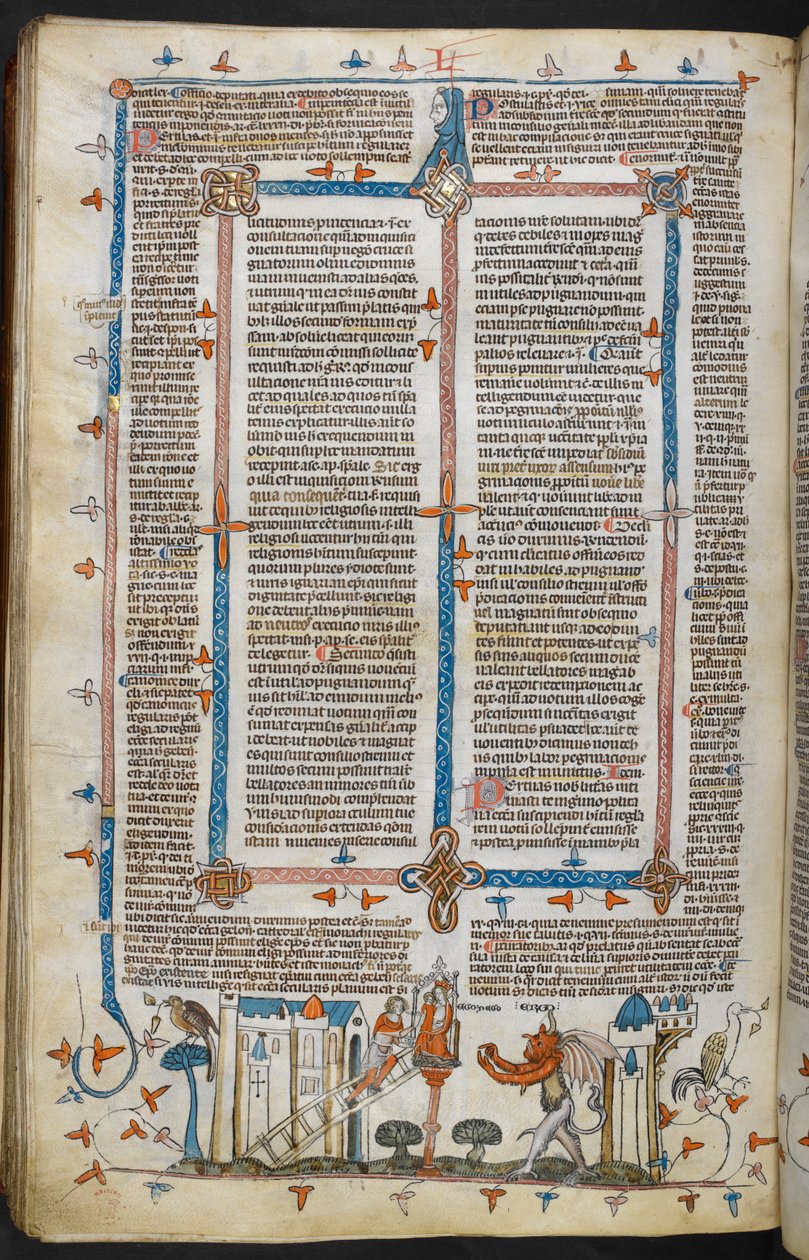 Royal MS 10 E IV, f.209v, Der Maler und der Teufel, aus den Dekretalen von Gregor IX mit Glosse von Bernard von Parma (die 