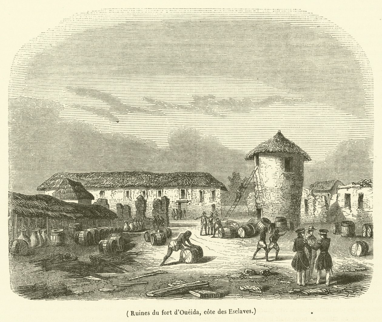 Ruinen des Forts von Oueida, Sklavenküste (Gravur) von French School