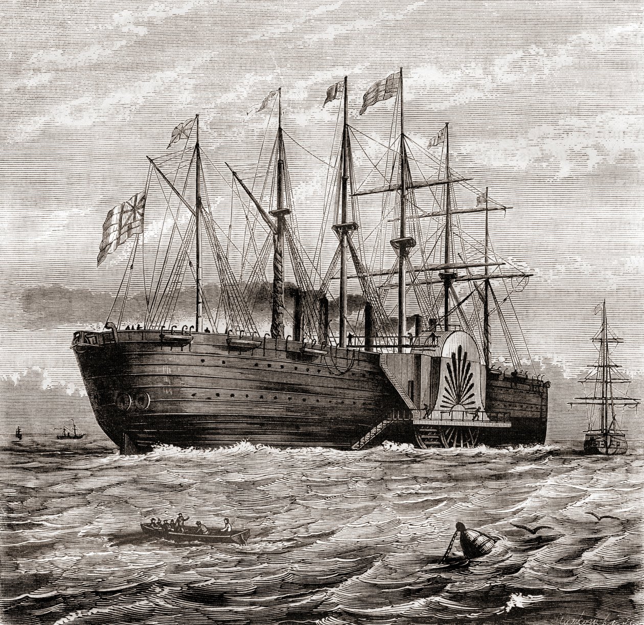 SS Great Eastern, eisernes Segeldampfschiff, entworfen von Isambard Kingdom Brunel, aus Les Merveilles de la Science, veröffentlicht um 1870 (Stich) von French School