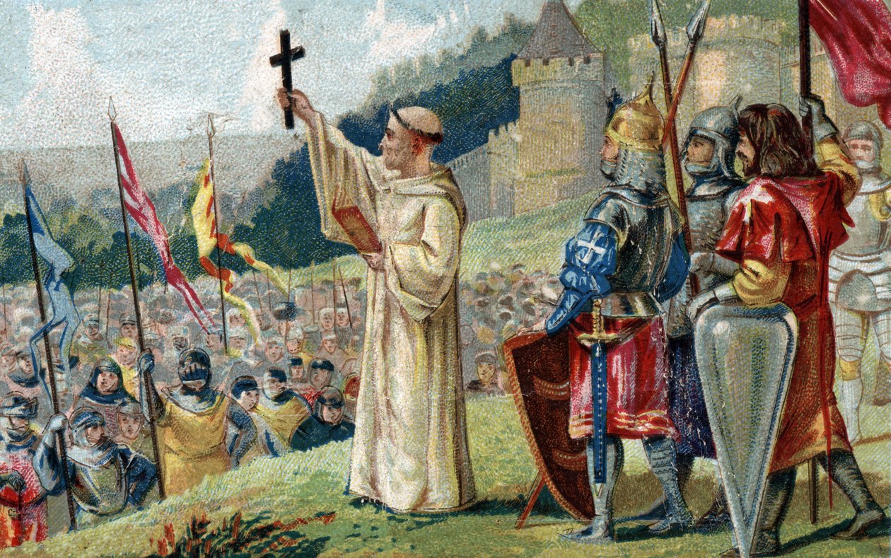 Bernhard von Clairvaux (San Bernardo di Chiaravalle) predigt den Zweiten Kreuzzug in Anwesenheit von König Ludwig VII. und Königin Alienor von Aquitanien und Abt Suger, in Vézelay in Burgund am 31. März 1146. (St. Bernard predigt den Zweiten Kreuzzug in Vé von French School