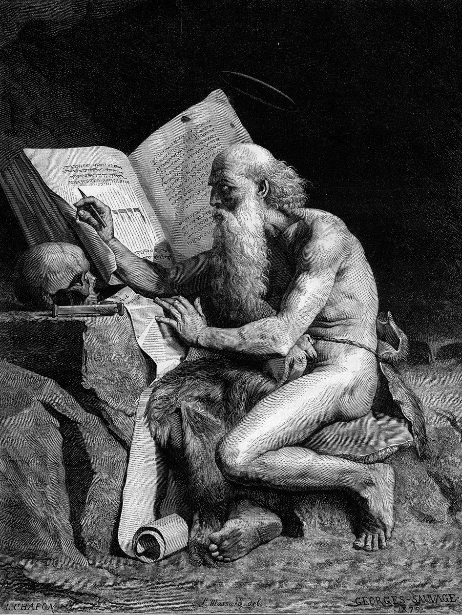Heiliger Hieronymus in der Wüste. Gravur nach dem Gemälde von Georges Sauvage (Auguste Albert Georges Sauvage dit). Gravur in „Le Monde Illustré“ Nr. 1196 vom 28. Februar von French School