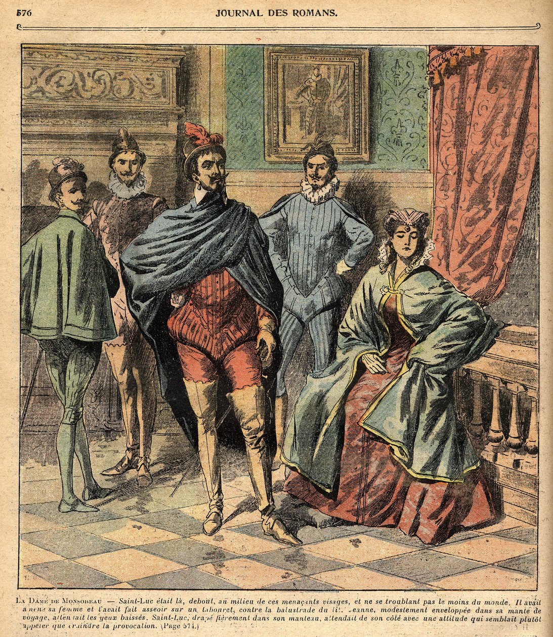 Saint Luke bringt seine Frau Jeanne. Illustration des Romans „La Dame de Monsoreau“ von Alexandre Dumas. In „Journal des novels populaires illustrés“ von French School