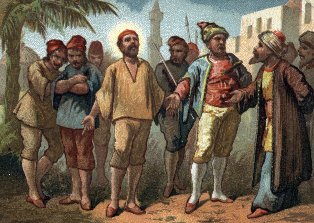 Saint Vincent de Paul (1581-1660), Priester wurde von türkischen Piraten gefangen genommen, die ihn als Sklaven in Tunis verkauften. Chromolithographie aus dem späten 19. Jahrhundert. von French School