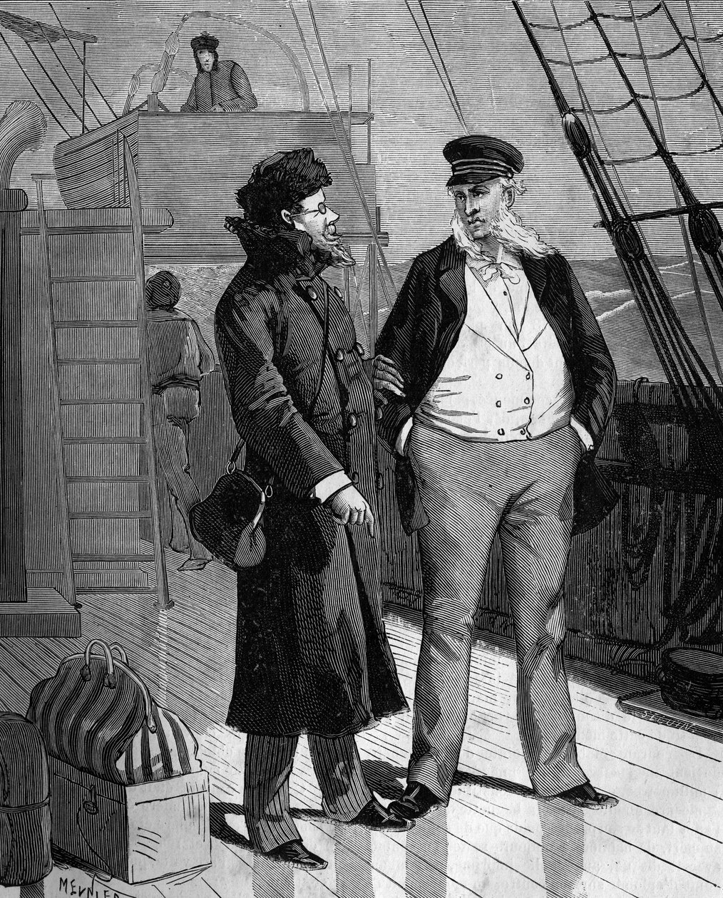 Samuel Finley Breese Morse (1791-1872), amerikanischer Maler und Physiker, spricht bei seiner Rückkehr in die Vereinigten Staaten mit dem Kapitän des Schiffes über seine Idee eines elektrischen Telegrafen. In „Popular history of science, inventions and dis von French School