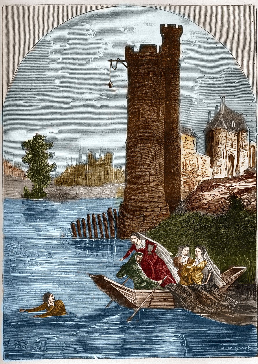 Skandal (Affäre) des Turms von Nesle: Buridan entkam 1314 aus dem Turm von Nesle in Paris trotz der von Königin Margarete von Burgund (1290-1315) gestellten Falle. Gravur in „Histoire de la prostitution et de la débauche dans les peuples du g“ von French School