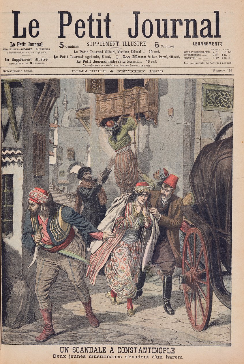 Skandal in Konstantinopel, zwei junge muslimische Damen fliehen aus einem Harem, Illustration aus 