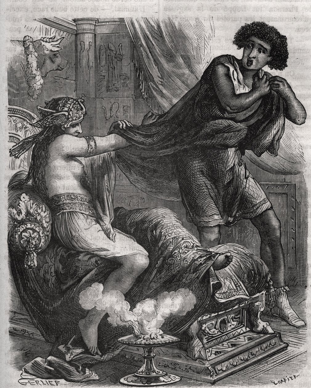 Szene aus der Bibel: "Sie ergriff den zu tugendhaften jungen Mann bei seiner Tunika". Die Frau von Putiphar versucht, Joseph, einen Sklaven des Pharaos, zu verführen. Gravur von 1871 in "Histoire Des Cocus Celebres" von Henry de Kock (1819-1892) von French School