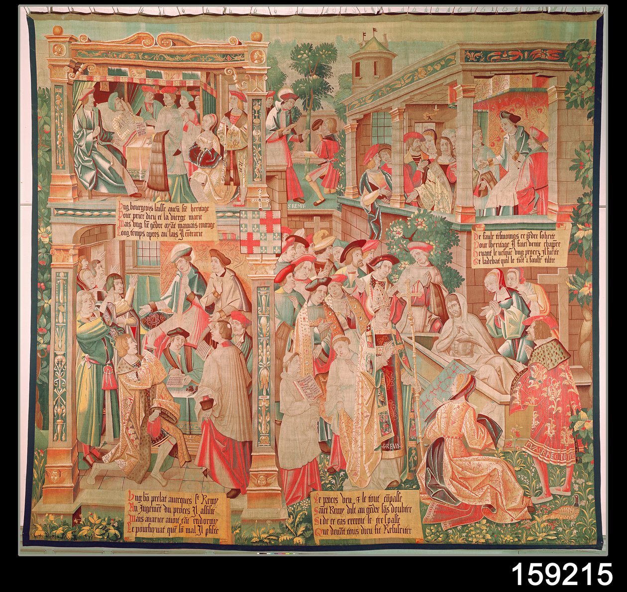 Szenen aus dem Leben des hl. Remigius (gest. 533), Bischof von Reims: Das Wunder des Testaments des reichen Mannes und die Auferstehung eines Toten, 1531 von French School