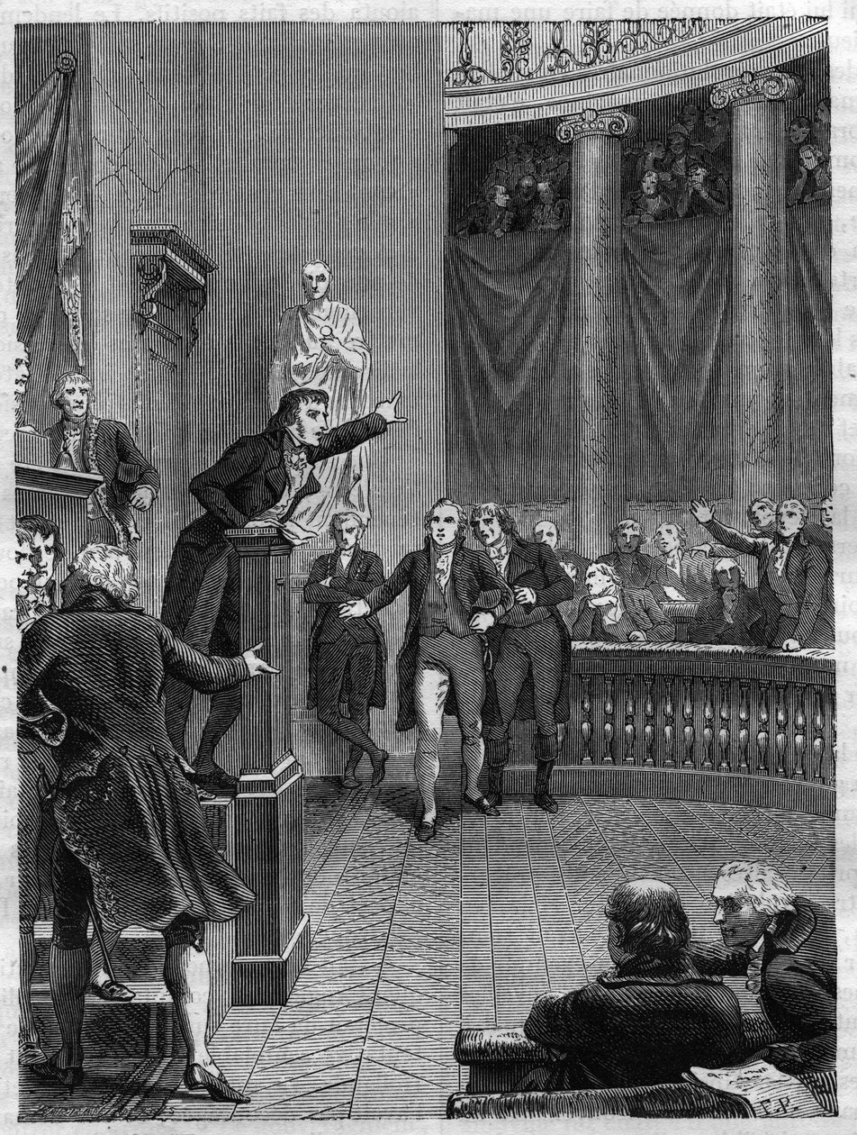 Sitzung des Tribunats: Rede von Benjamin Constant (1767-1830) an der Tribüne, die das von Napoleon errichtete Regime anprangert, Januar 1800 - Gravur von 1865 in „Histoire du Consulate et de l