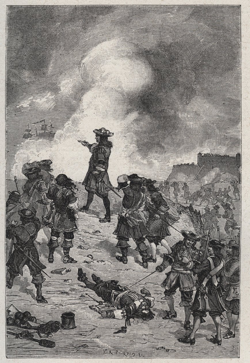 Sébastien Le Prestre Seigneur de Vauban (1633-1717), Marschall von Frankreich verteidigt Brest gegen einen Angriff der englischen Flotte im Jahr 1695 - Gravur in 