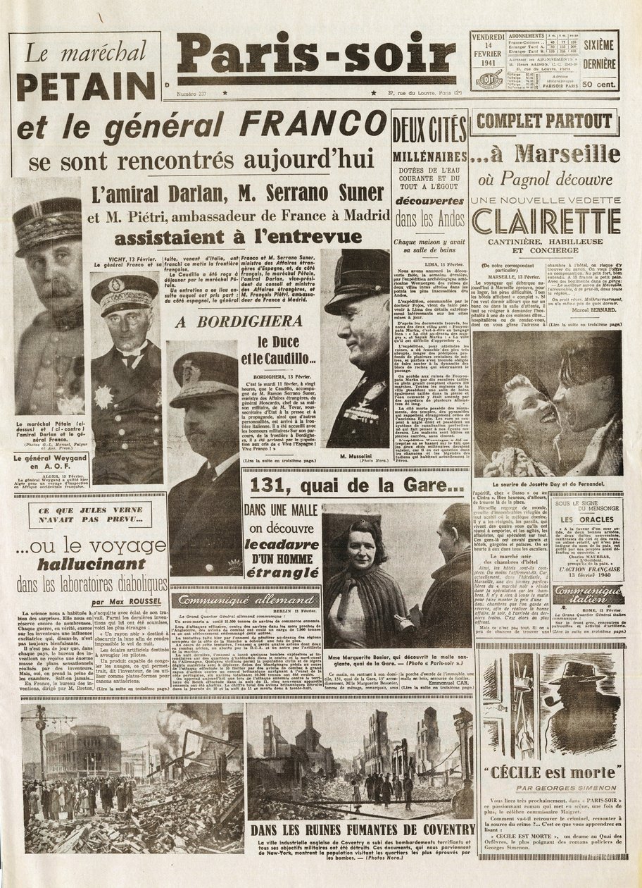 Zweiter Weltkrieg (1939-1945) - Zweiter Weltkrieg (WWII oder WW2): PARIS SOURCE [Nr. 237] vom 14.02.1941 - Treffen zwischen MARSCHALL PETAIN und GENERAL FRANCO von French School