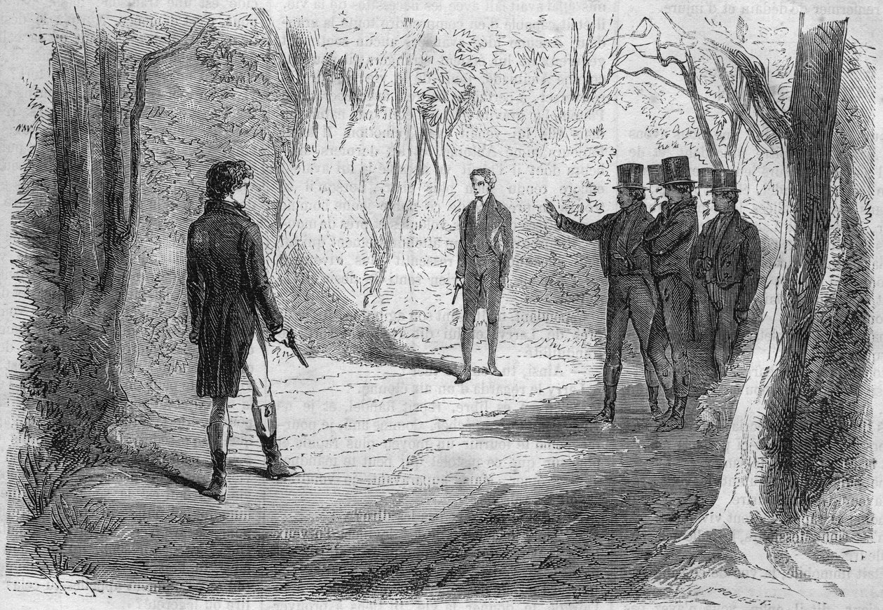 Romanserie: "Reich und Arm" von Emile Souvestre (1806-1854). Das Duell von Boissard und Larry. Gravur in "Les bons romances" von French School