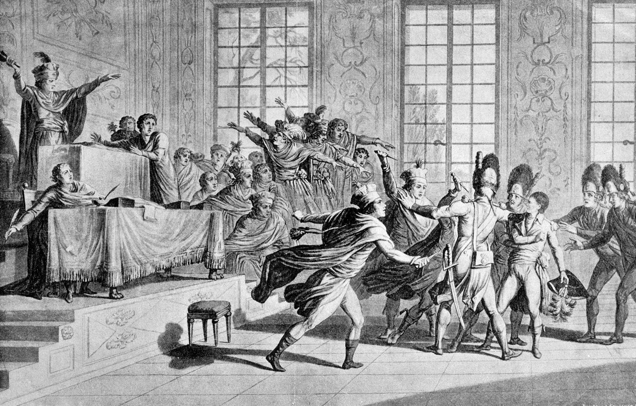 Sitzung der Legislative in der Orangerie von St. Cloud: Erscheinen von Bonaparte und Befreiungstag des 18. Nebelmonat Jahres VIII in der Kammer des Rates der Fünfhundert (Raum der 500) von French School