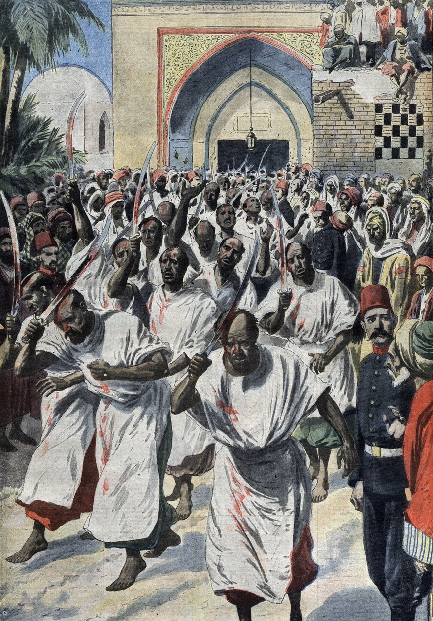 Schiitische Muslime auf Pilgerfahrt in Karbala (Irak), am Grab von Husayn - „Le Petit Journal“, April 1909 (Gravur) von French School