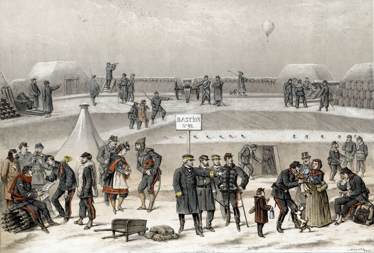 Belagerung von Paris im Jahr 1870 während des Krieges 1870-1871. Die Soldaten bereiten die Verteidigung der Stadt vor: Man sieht einen Soldaten im Bunker. von French School