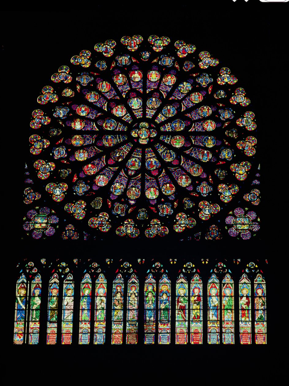 Südtransept-Rosenfenster, das Christus im Zentrum umgeben von Heiligen und den zwölf Aposteln darstellt von French School