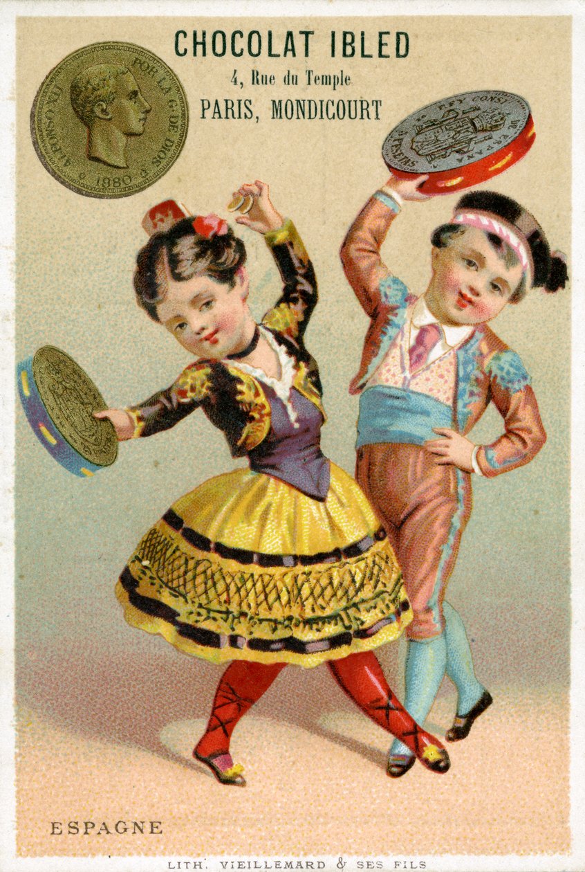 Spanische Kinder tanzen mit Tamburinen aus Peseten, aus einer Serie von Werbekarten über Währungen in verschiedenen Ländern, veröffentlicht in Paris von Vieillemard für Chocolat Ibled, 1886-95 von French School