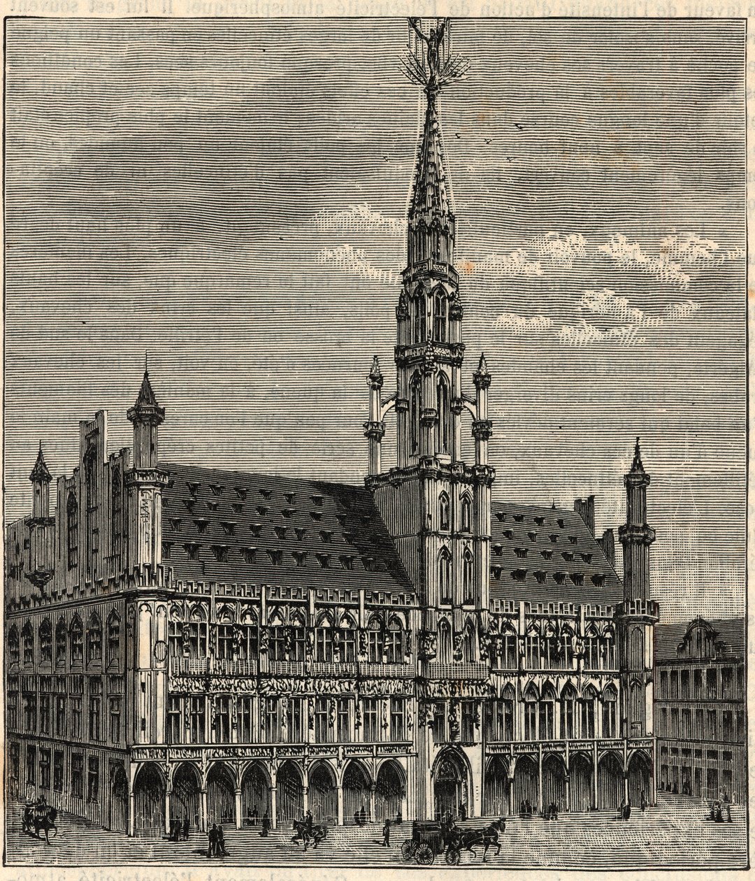 System von Blitzableitern am Rathaus von Brüssel im 19. Jahrhundert - Gravur in „Wissenschaften für alle - Populäre Physik und Chemie“ von Alexis Clerc - Ende 19. Jahrhundert - Private Sammlung von French School