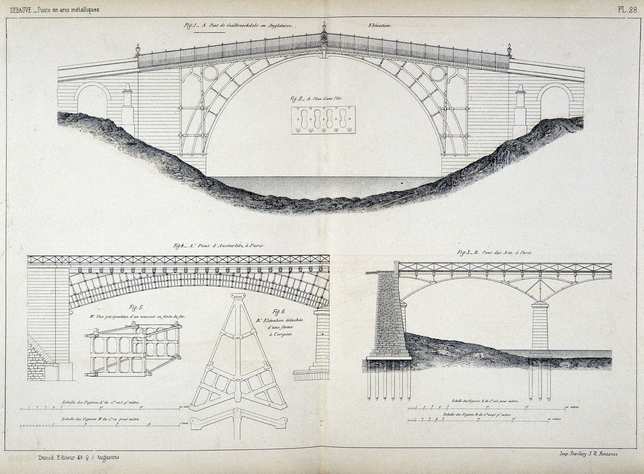 Technische Zeichnungen der Ironbridge-Brücken in Coalbrookdale (1779, England), Austerlitz und Arts in Paris, aus dem „Manuel de l