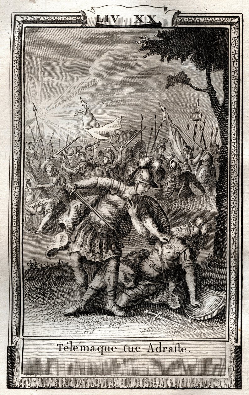 Telemachus tötet Adraste - Gravur von 1798 von Monnet in „Les Aventures de Télémaque, fils d