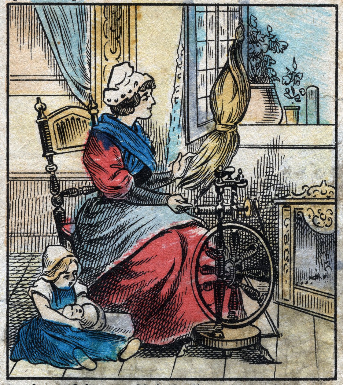 Textil, Leinen. Eine Frau benutzt ein mechanisches Spinnrad, um Leinen zu spinnen. Gravur. Epinal-Bildgebung Ende des 19. Jahrhunderts. von French School