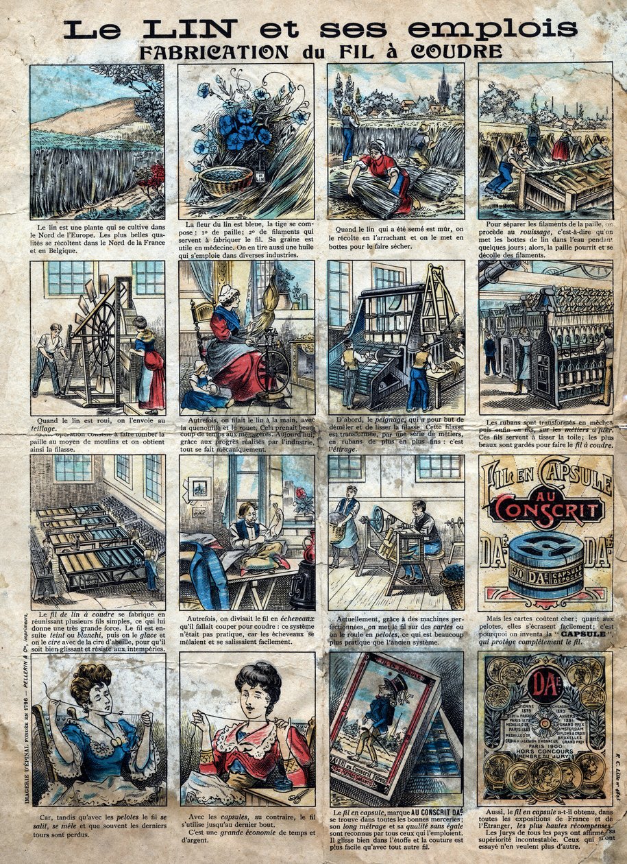 Textilien, Leinen. Die Schritte des Nähens, der Herstellung, der Verwendung und des Marketings von Flachs zur Herstellung von Nähgarn. Gravur. Epinal Imaging Ende des 19. Jahrhunderts. von French School