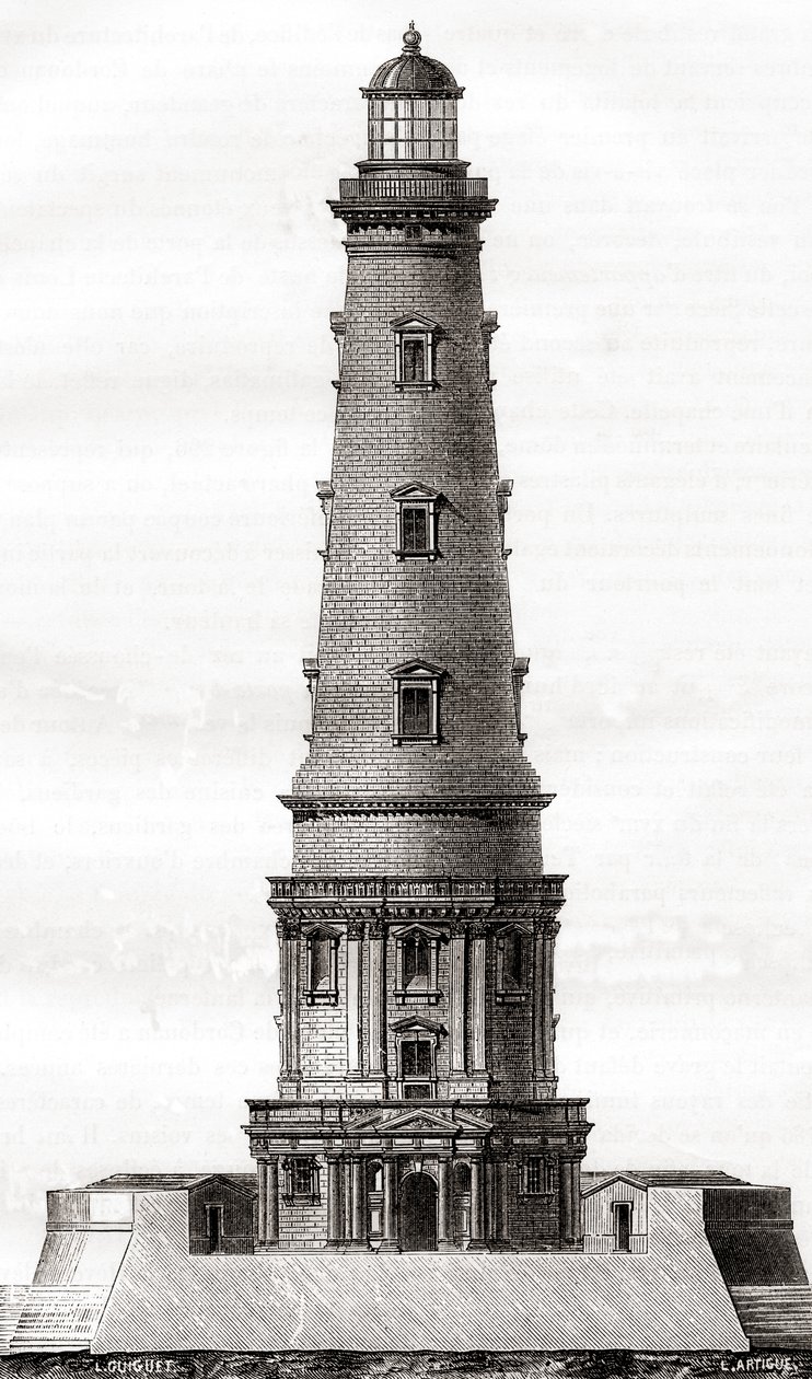 Der Leuchtturm von Cordouan aus dem 17. Jahrhundert, nahe der Mündung der Gironde-Mündung in Frankreich, hier nach seiner Erweiterung im 18. Jahrhundert, aus Les Merveilles de la Science, veröffentlicht um 1870 (Gravur) von French School